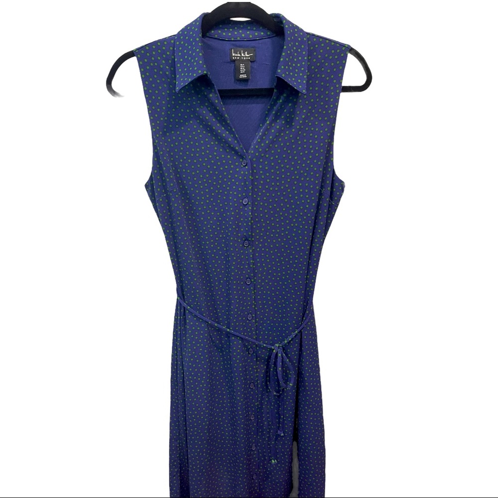 Nicole Miller Jersey Knit Dress Navy & Green Dots